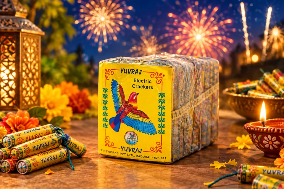 Kuruvi crackers beside a lit diya and marigolds on a Diwali night